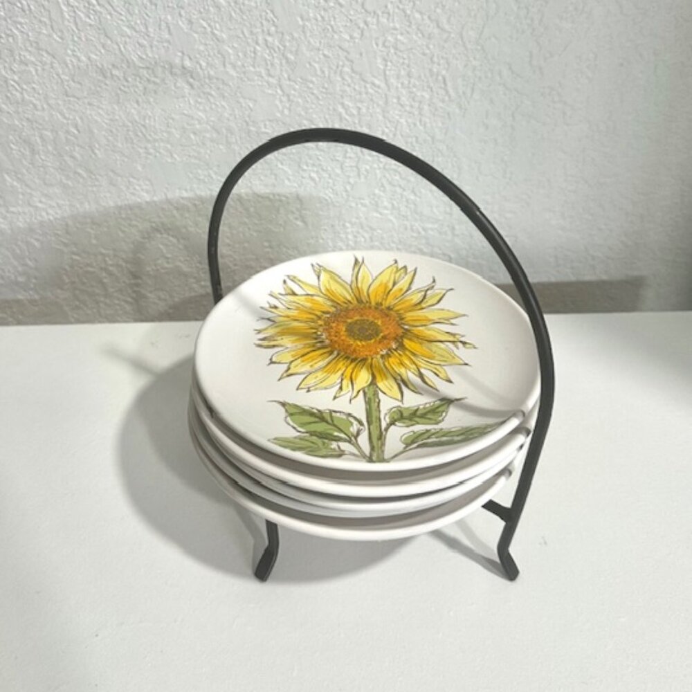 Signature Hoursewares Stoneware Plate Set of 6 W/ Metal Caddy Sunflower Design